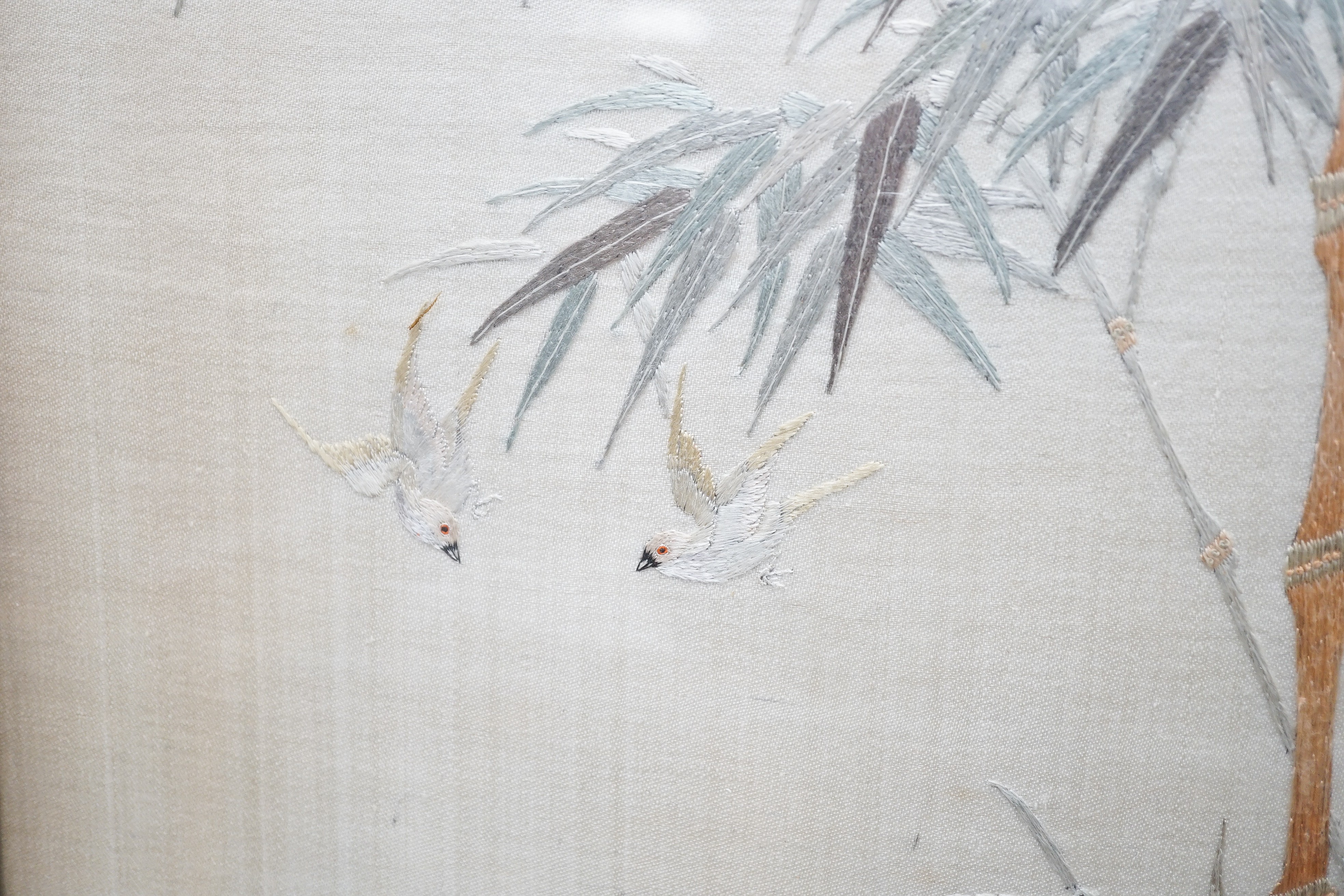 A Chinese framed silk work panel of chickens, 50x35cm